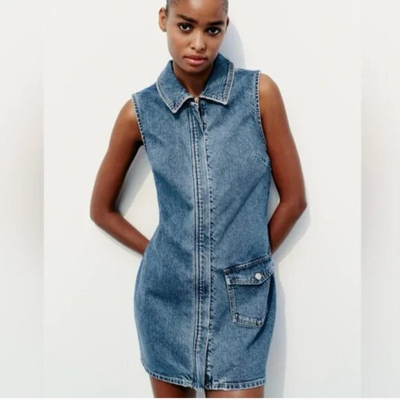 Zara Dresses & Skirts - ZARA TRF FITTED DENIM DRESS SHORT SLEEVES MINI DRESS BLUE